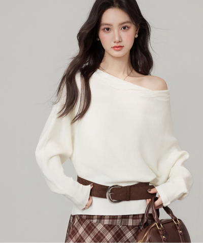 オフショルダーニット＋チェックアシンメトリースカート 2点セット