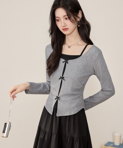 リボンフェイクレイヤードトップス＋ティアードフリルスカート 2点セット