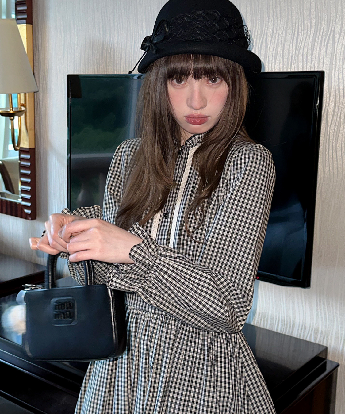 スタンドフリルカラーレーストリムチェックワンピース