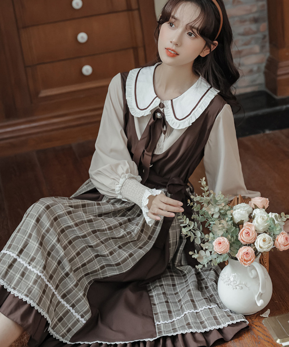 パイピング襟リボン付きチェック切り替えフェイクレイヤードワンピース