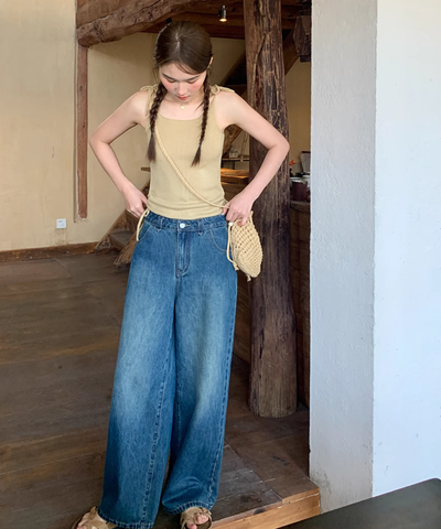 フリルウエストドローストリングデニムワイドパンツ