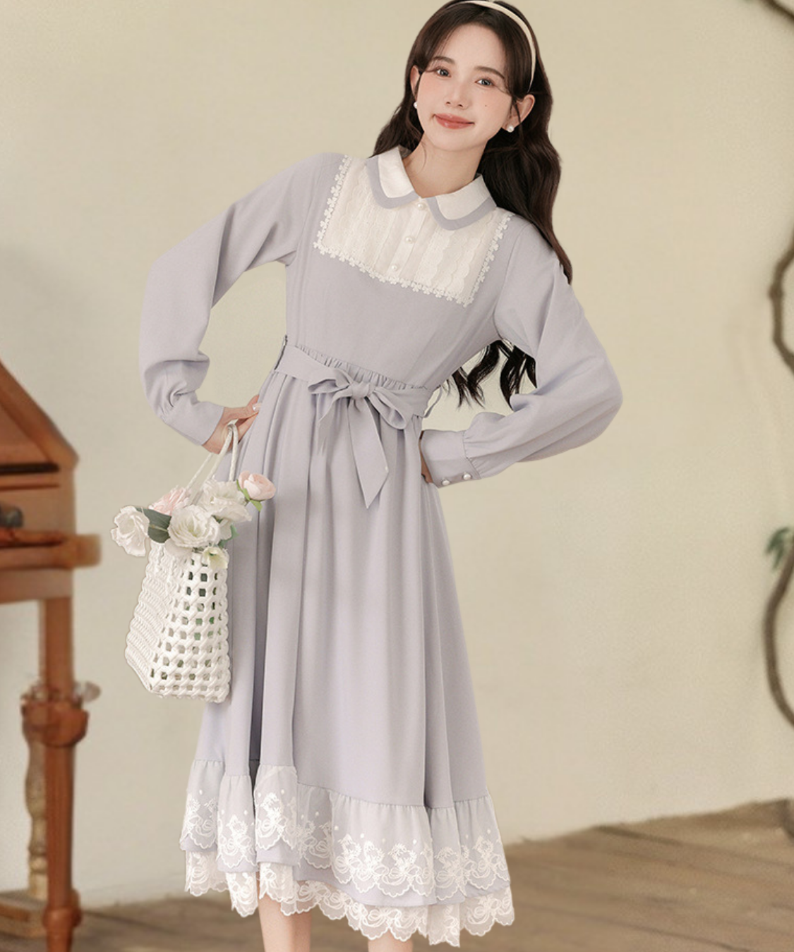 ラウンドカラー裾フリルレイヤード風ワンピース