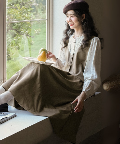 ドット柄ブラウスドッキングベスト＋タック入りスカート 2点セット