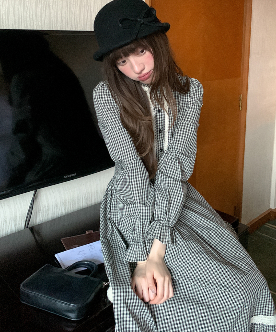 スタンドフリルカラーレーストリムチェックワンピース – jemiremi