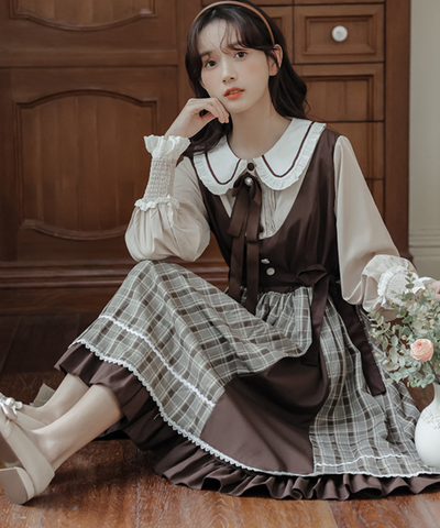 パイピング襟リボン付きチェック切り替えフェイクレイヤードワンピース