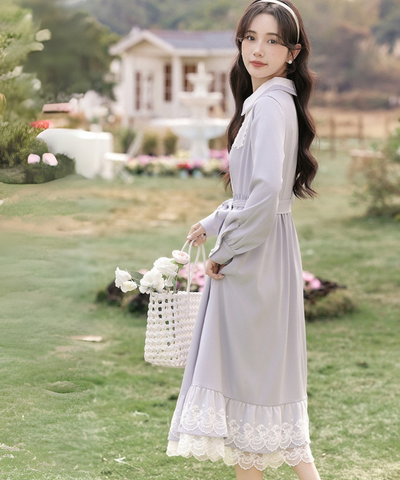 ラウンドカラー裾フリルレイヤード風ワンピース