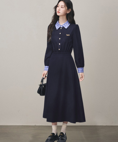 チェックシャツカラーカフス長袖フレアワンピース
