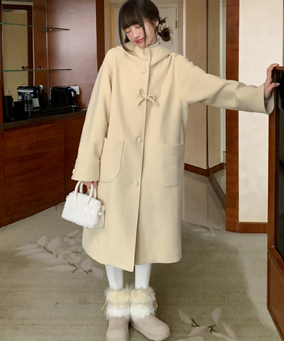 フード付きくるみボタンリボンデザインロングコート