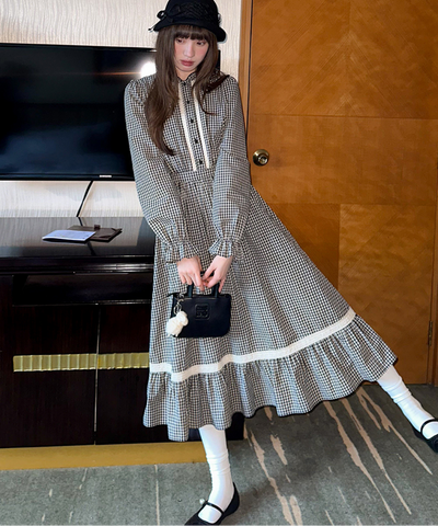 スタンドフリルカラーレーストリムチェックワンピース
