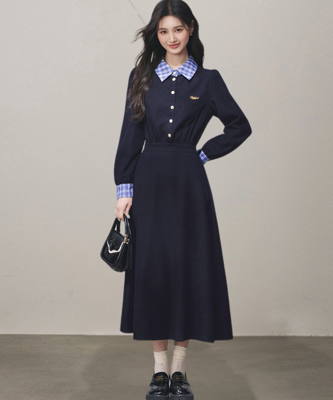 チェックシャツカラーカフス長袖フレアワンピース