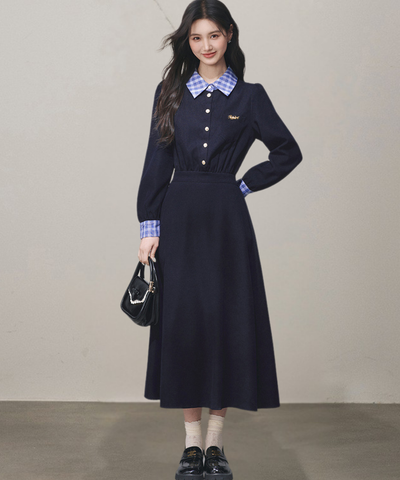 チェックシャツカラーカフス長袖フレアワンピース