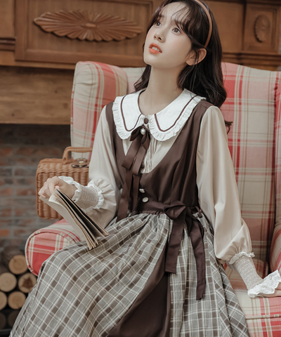 パイピング襟リボン付きチェック切り替えフェイクレイヤードワンピース