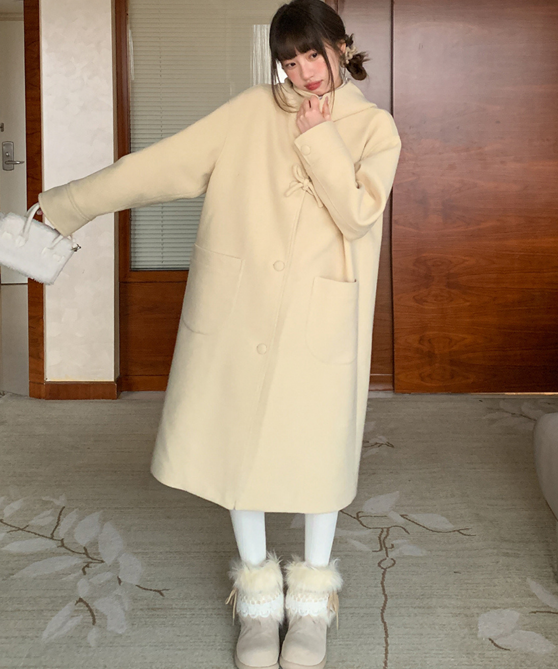 フード付きくるみボタンリボンデザインロングコート