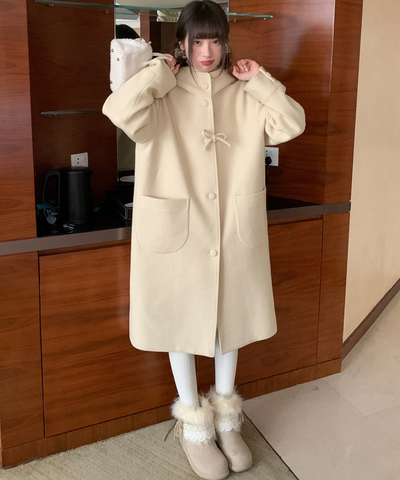 フード付きくるみボタンリボンデザインロングコート