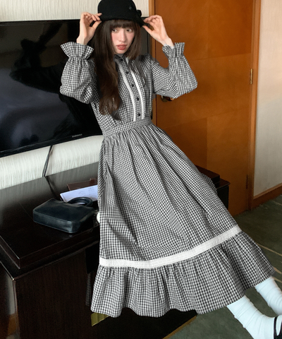 スタンドフリルカラーレーストリムチェックワンピース