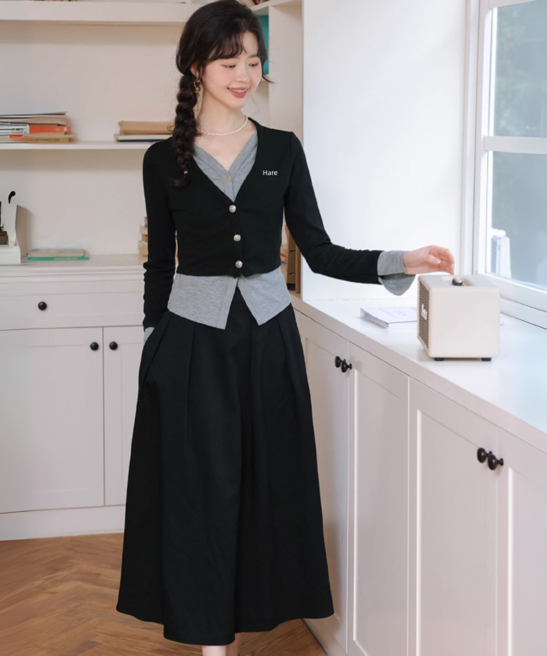 カーディガン風ドッキングトップス＋タックフレアスカート 2点セット