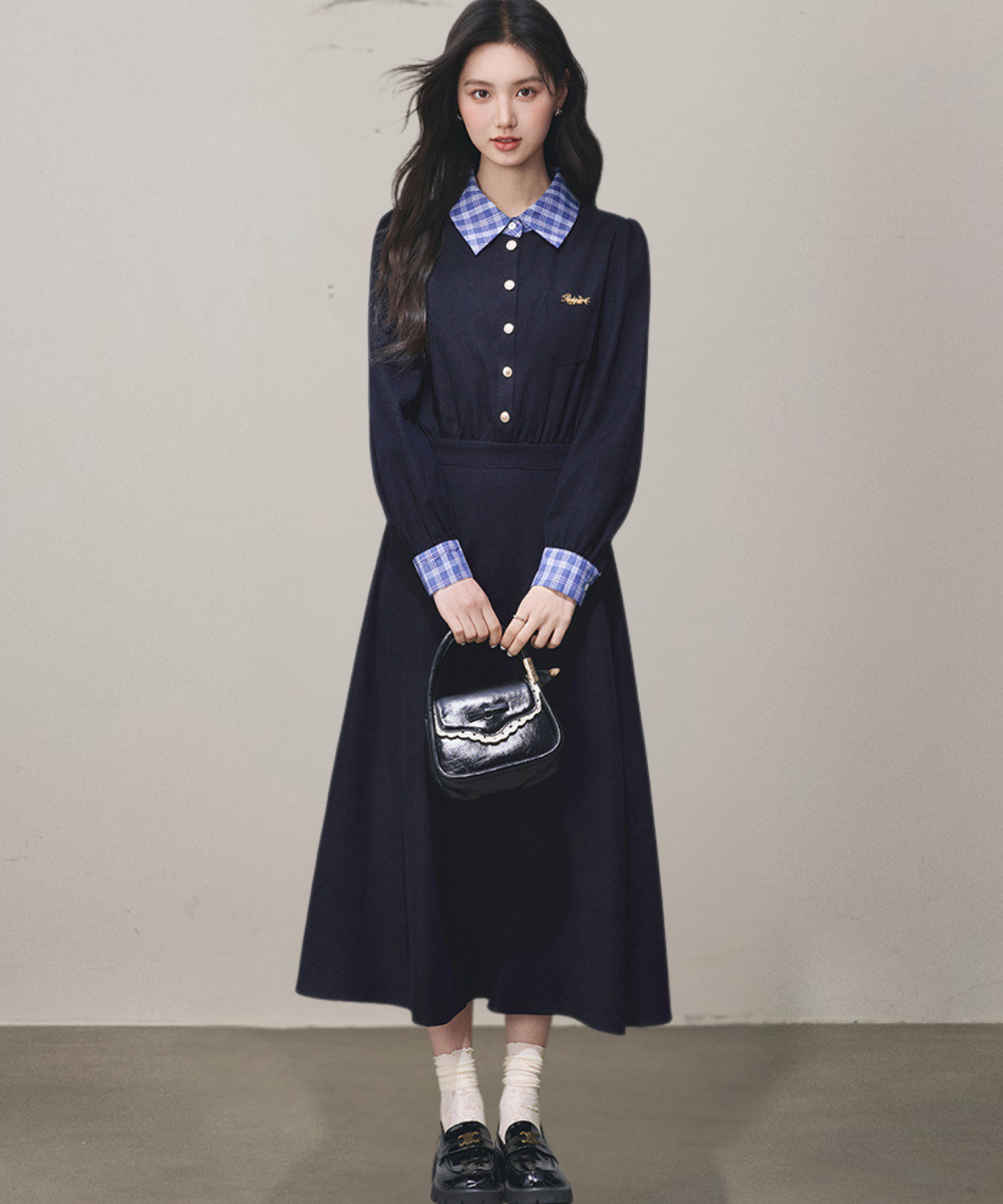 チェックシャツカラーカフス長袖フレアワンピース