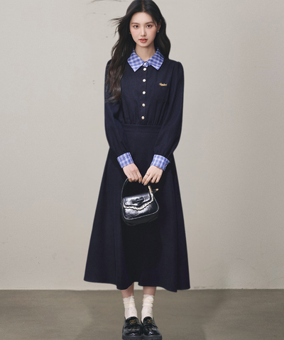 チェックシャツカラーカフス長袖フレアワンピース