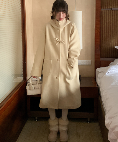 フード付きくるみボタンリボンデザインロングコート
