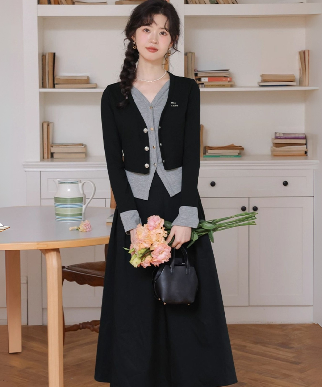 カーディガン風ドッキングトップス＋タックフレアスカート 2点セット