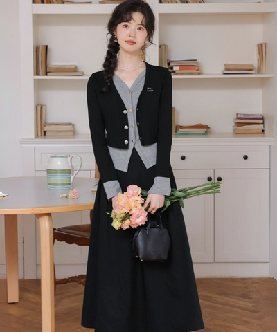 カーディガン風ドッキングトップス＋タックフレアスカート 2点セット