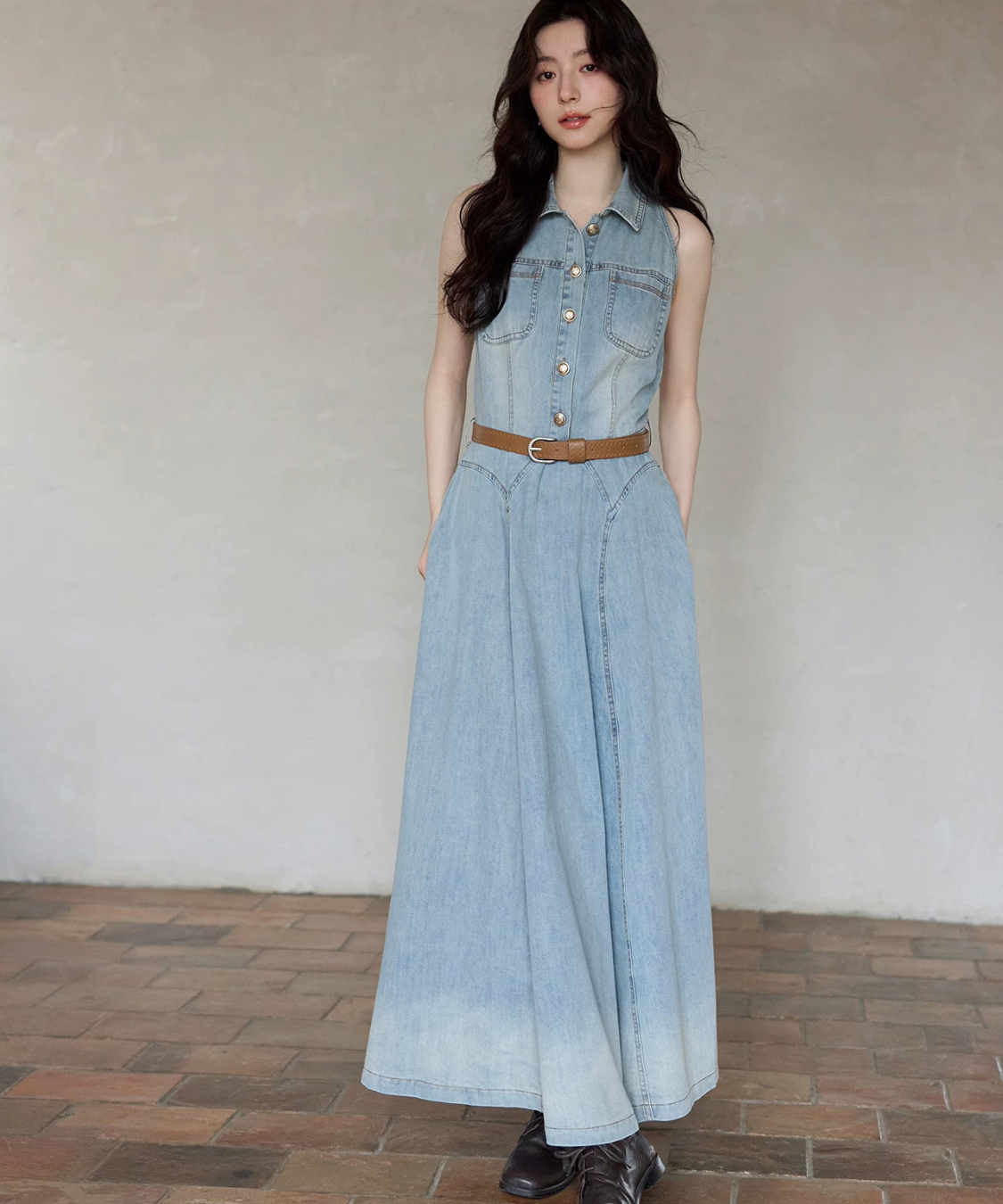 【タグ付き】　Y’s デニム　ロングワンピース ノースリーブ　S ベルト有り デニムノースリーブシャツロングワンピース – jemiremi（ジェミレミ）
