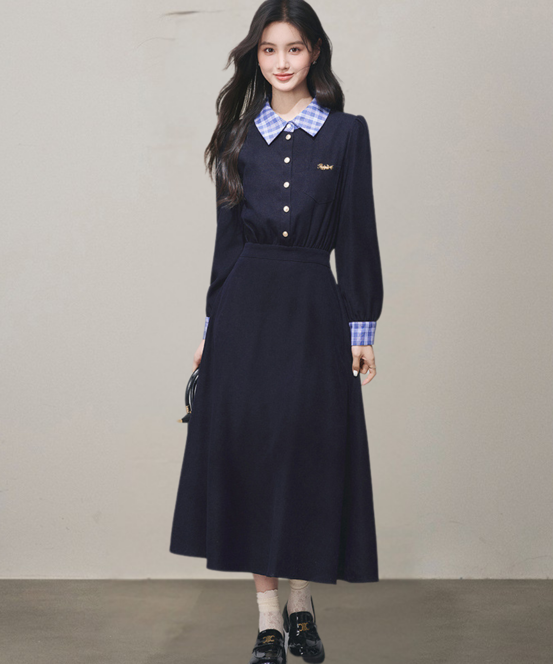 チェックシャツカラーカフス長袖フレアワンピース