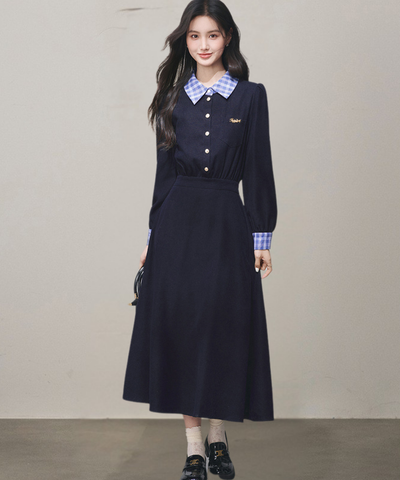 チェックシャツカラーカフス長袖フレアワンピース