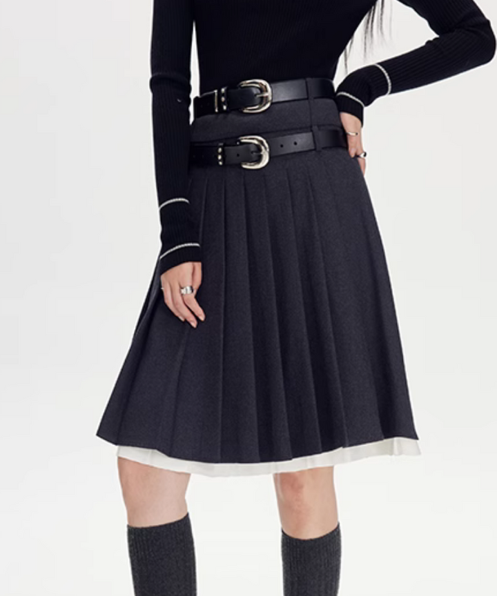 commedesgarçons プリーツスカート 黒 膝丈 レイヤード膝丈プリーツ