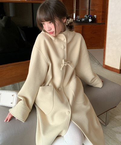 フード付きくるみボタンリボンデザインロングコート