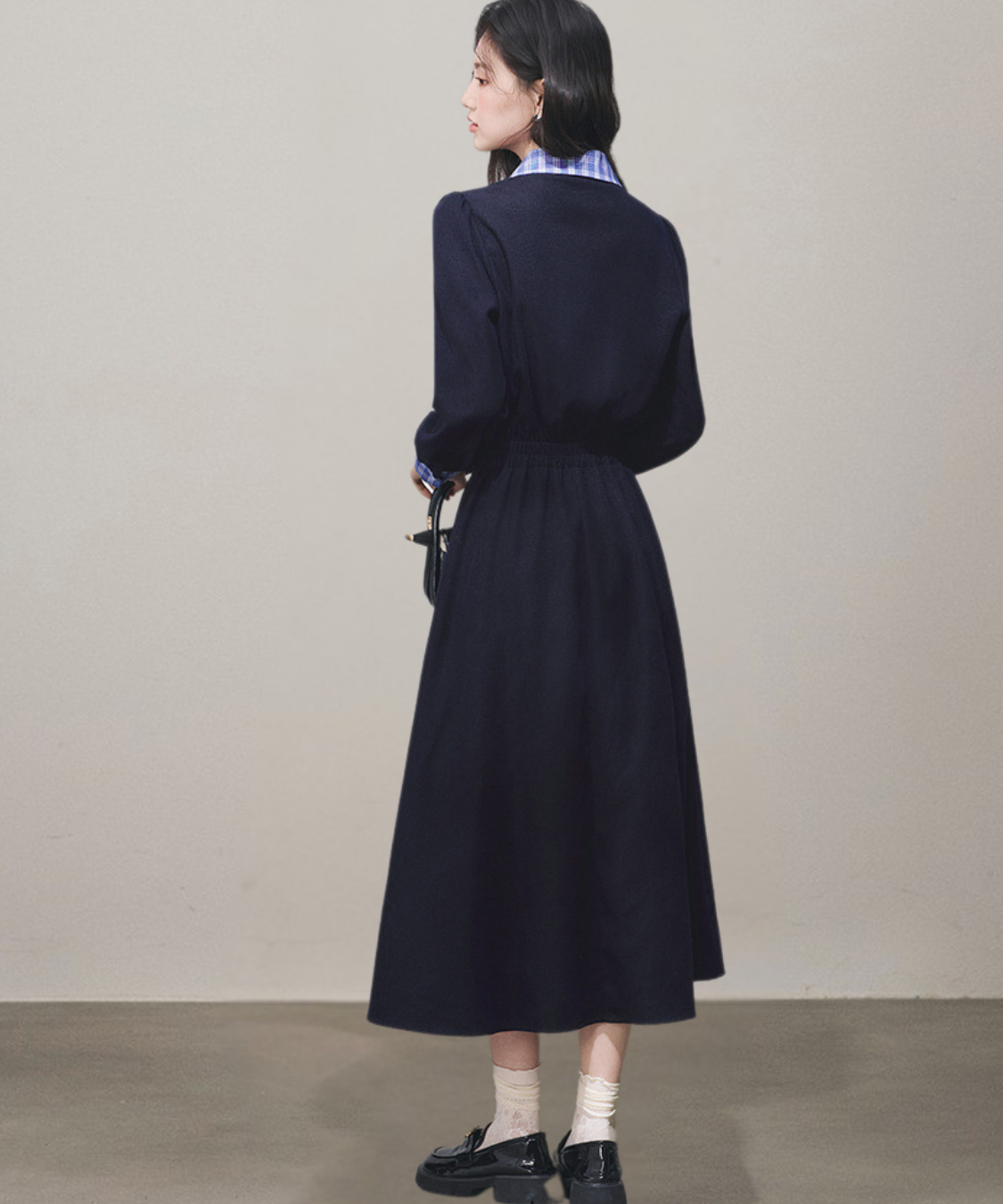 チェックシャツカラーカフス長袖フレアワンピース