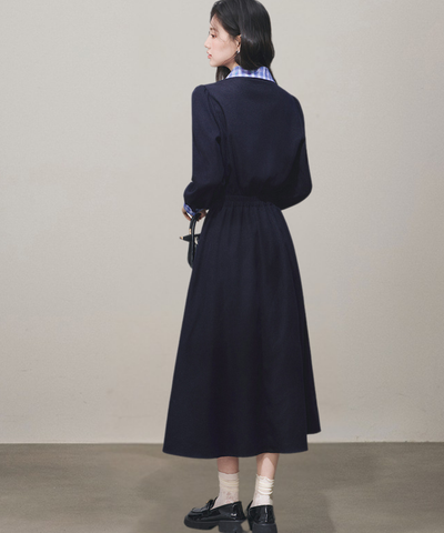 チェックシャツカラーカフス長袖フレアワンピース