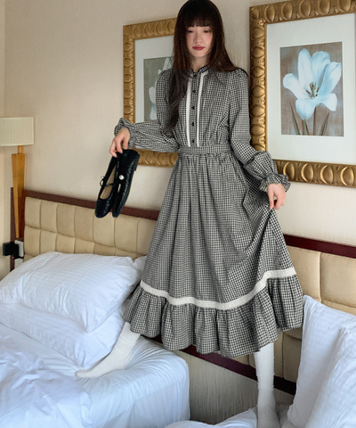 スタンドフリルカラーレーストリムチェックワンピース