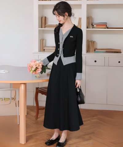 カーディガン風ドッキングトップス＋タックフレアスカート 2点セット