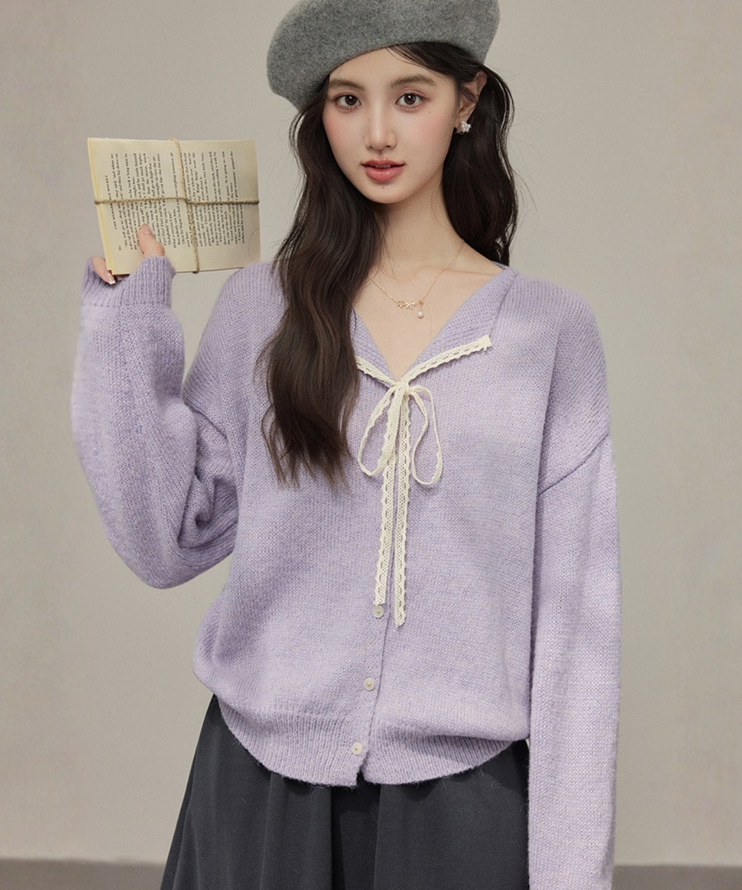 襟付きレースリボンタイニットカーディガン – jemiremi（ジェミレミ）