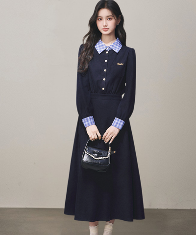 チェックシャツカラーカフス長袖フレアワンピース