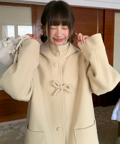 フード付きくるみボタンリボンデザインロングコート