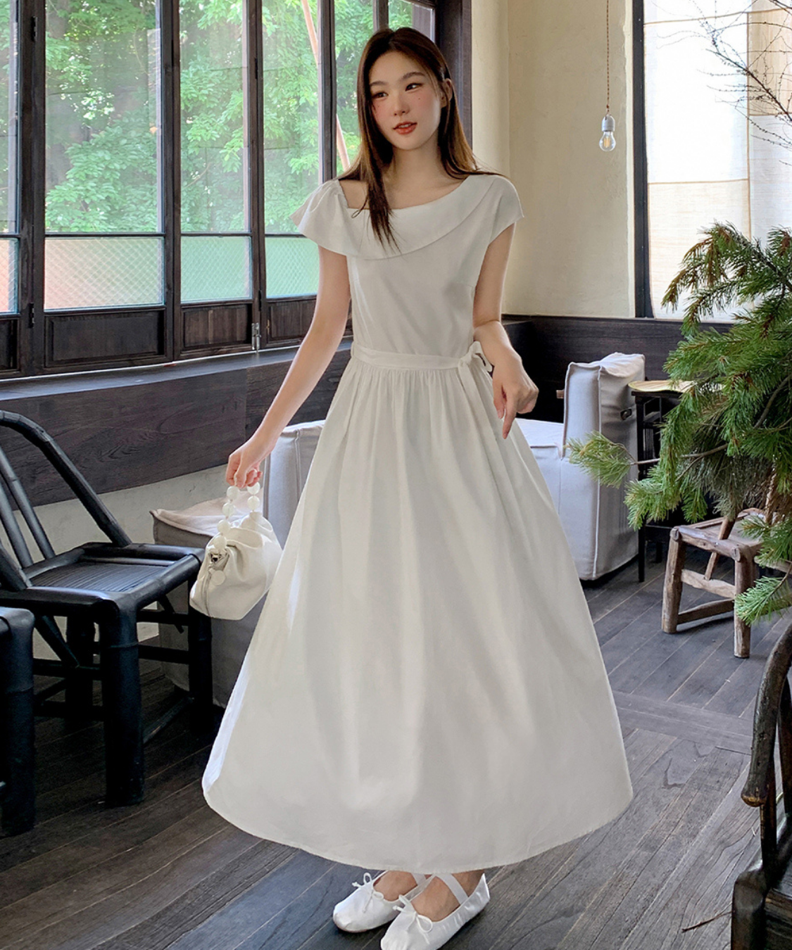 アシンメトリーフラットカラーベルト付きワンピース