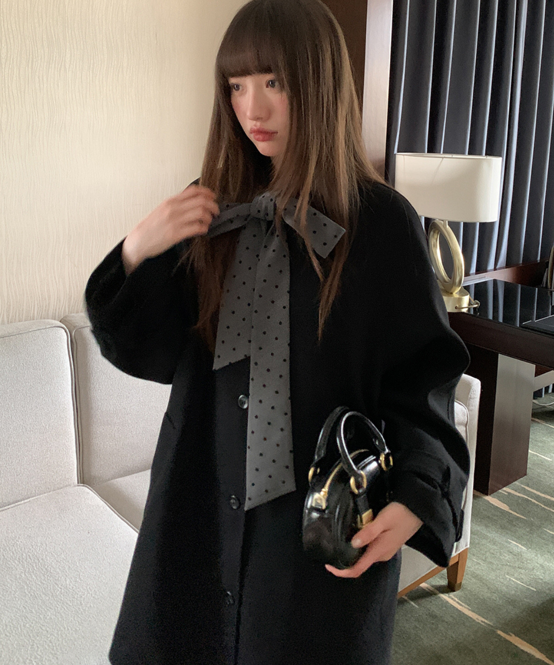 ドットリボン付きノーカラーコート