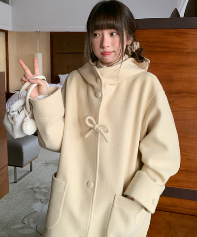 フード付きくるみボタンリボンデザインロングコート