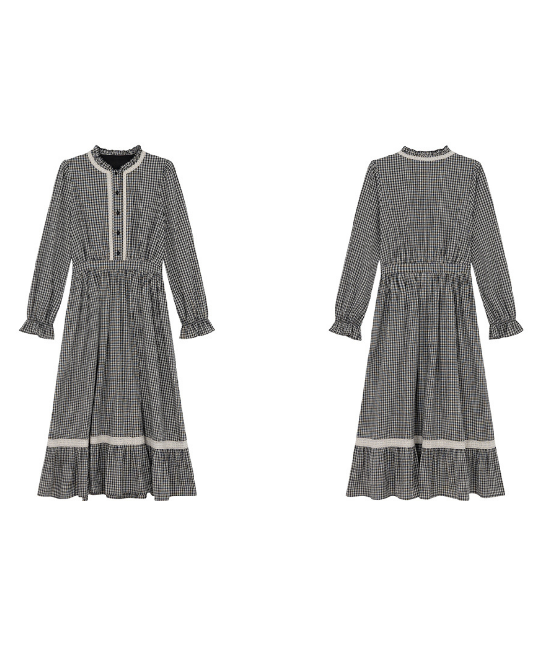 スタンドフリルカラーレーストリムチェックワンピース