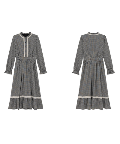 スタンドフリルカラーレーストリムチェックワンピース