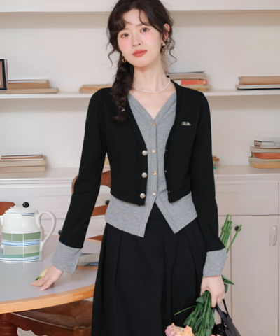 カーディガン風ドッキングトップス＋タックフレアスカート 2点セット