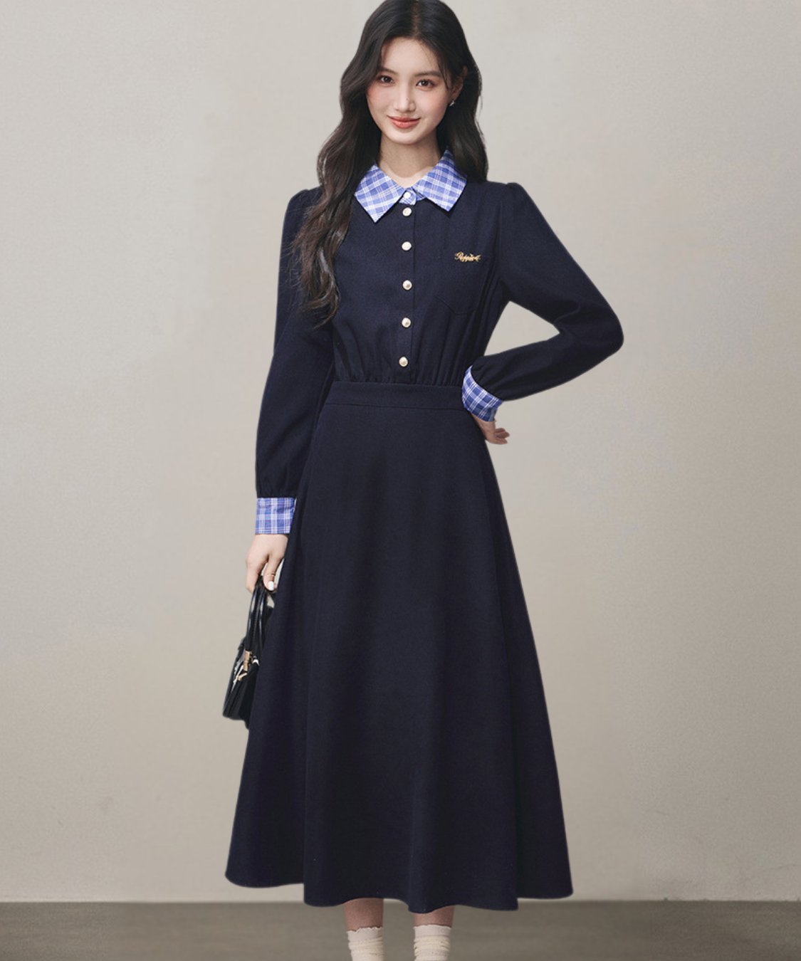 チェックシャツカラーカフス長袖フレアワンピース