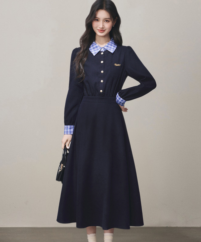 チェックシャツカラーカフス長袖フレアワンピース