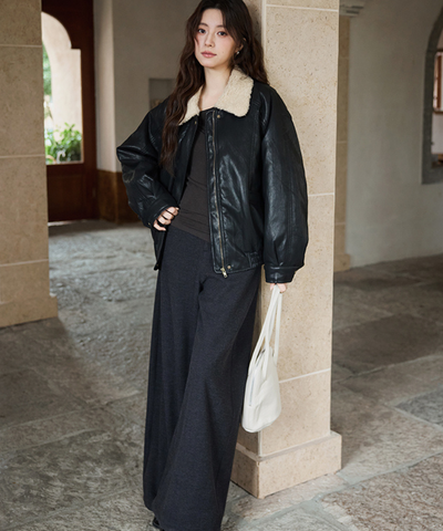 ボア襟フェイクレザーブルゾン