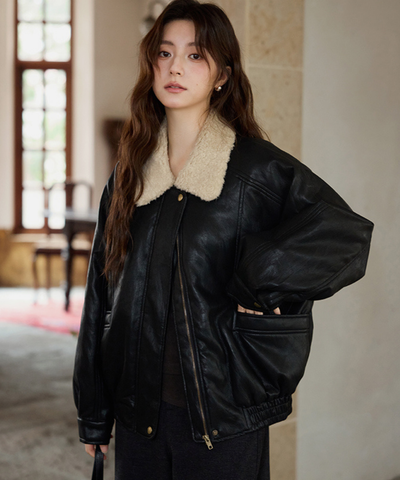 ボア襟フェイクレザーブルゾン