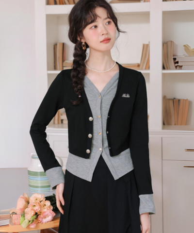 カーディガン風ドッキングトップス＋タックフレアスカート 2点セット