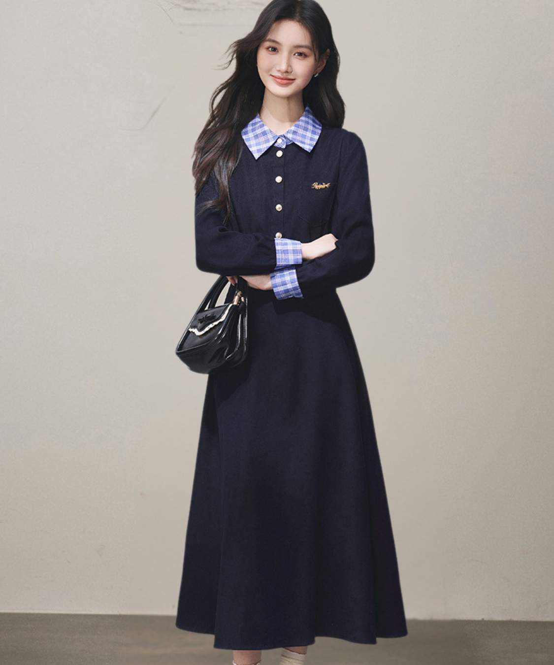 チェックシャツカラーカフス長袖フレアワンピース