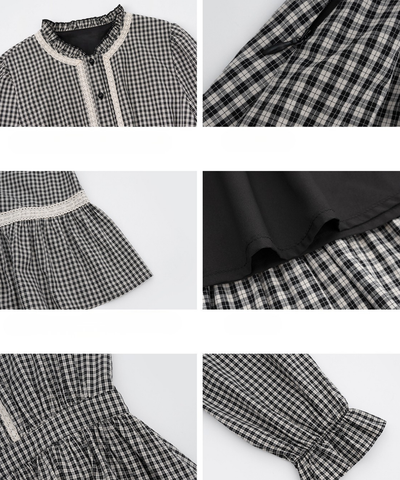 スタンドフリルカラーレーストリムチェックワンピース